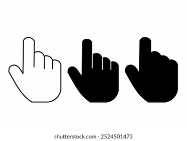 three cursor hand icons in a row. The first is a white striped hand, the second is a meaty black hand, and the third is a thick black hand, all pointing upwards.