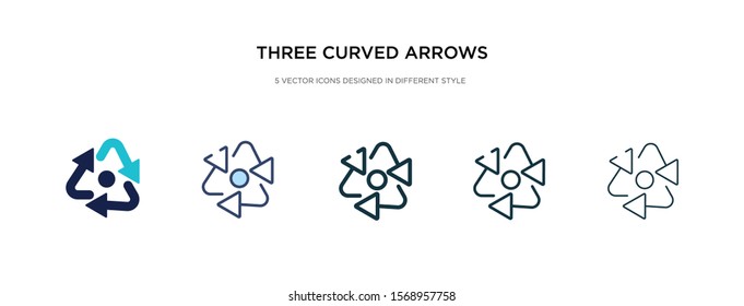 three curved arrows icon in different style vector illustration. two colored and black three curved arrows vector icons designed in filled, outline, line and stroke style can be used for web,