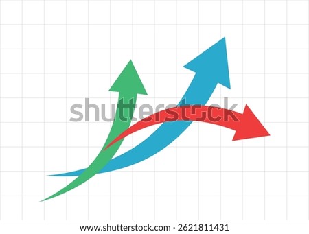 Three curved arrows pointing upward and one red arrow going down with a grid background, symbolizing business competition