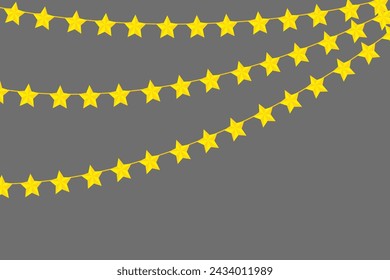 Drei geschwungene Linien hellgelber Sterne, die auf grauem Hintergrund an Größe verlieren. Gebogene Sterngirlanden. Festliches gelbes Muster. Vektorgrafik. EPS 10.