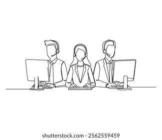 Three customer service representatives at their desks, wearing headsets, and working on computers, highlighting teamwork in a call center environment. Illustration for business and finance