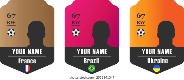 Três cartões personalizáveis de jogador de futebol com bandeiras da França, Brasil e Ucrânia. Design vetorial