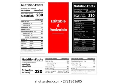 Três rótulos de fatos nutricionais personalizáveis com informações nutricionais detalhadas isoladas em um fundo transparente