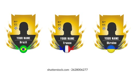 Three customizable soccer player cards with silhouette, overall rating, position, country name and flag. Editable football card templates with gold background and decorative ribbon elements. 