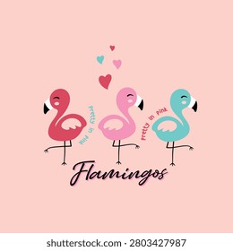 Three Cute and Adorable Vector Swans in Blue and Pink Colors Decorated with Hearts
