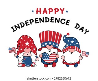 Three Cute America Gnome 4th of July Independence day doodle cartoon vector illustration