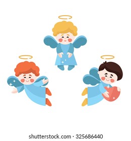 three cute angels, flat illustration on white background