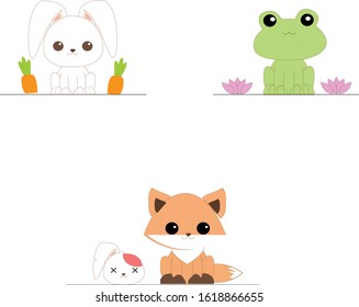 
three cute animals frog rabbits and weasels again taking photos together. suitable for wallpaper