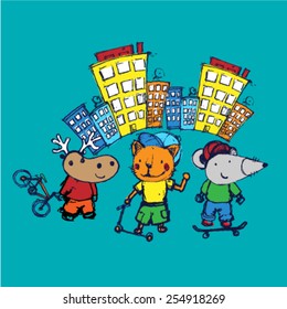 Three cute animals hanging out on the street. Vector illustration.