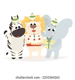 Three cute animals. Holiday card, flyer, party.