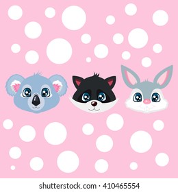 Three cute animals isolated on pink background.  Koala, raccoon  and rabbit