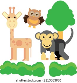 Tres lindos animales en la selva