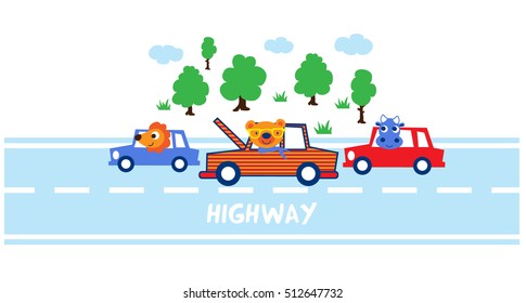 Three cute animals on the highway. One of the car on the highway has been breakdown