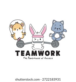 Três animais bonitos mostrando cooperação hamster pulando coelho levantando pesos gato meditando acima bolas de fio. Design da mensagem de êxito.
