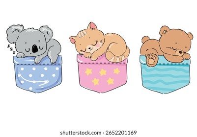 Three cute animals sleeping in pocket boxes. Koala, cat and teddy bear vector hand drawn illustration