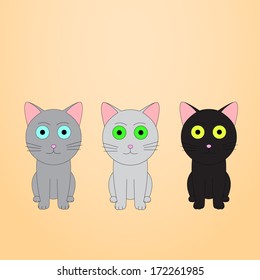 three cute  anime cats white, black and gray color 