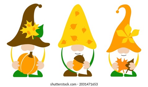 Three cute autumn gnomes with pumpkin, nut, leaves. Fall decorative typography poster. Autumn funny design. Vector illustration on white background