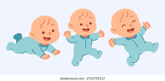 Drei süße Babys in blauen Outfits veranschaulichen die frühen Entwicklungsstadien. Von krabbelnd bis freudvoll wandernd repräsentieren diese animierten Figuren Wachstum und Glück.