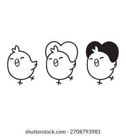 Tres lindos pollitos de bebé de pie en una fila, simple ilustración de aves de granja dibujadas a mano kawaii