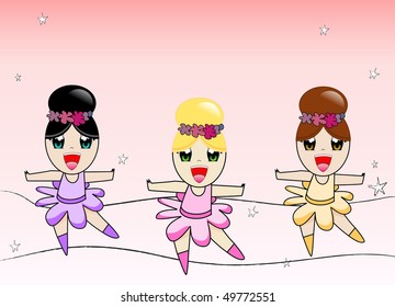 Three cute ballerinas on pink background. Editable Vector Image