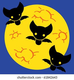Three cute bats against the moon.