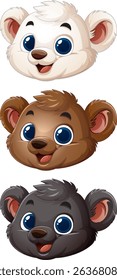 Three cute bear faces with joyful expressions