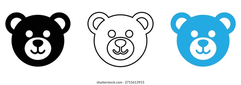 Drei niedliche Bärenköpfe in schwarz, weiß und blau Farben, Niedliches Vektorbärenkopfsymbol, isoliertes Symbol, Tiergesicht, einfaches Kopfbärenvektorlogo