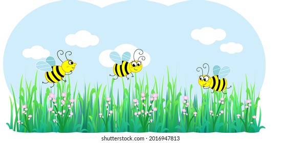 Three cute bees flying on flowers and grass, cartoon vector illustration