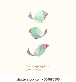 Three cute bird characters with geometric wing patterns