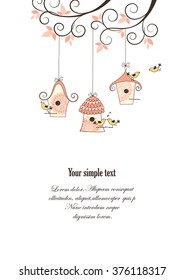 Three cute birdhouses are hanging on the curly branches. Vector background.
