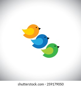 three cute birds in orange, blue and green colors - vector icons