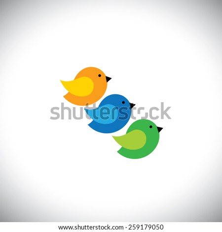 three cute birds in orange, blue and green colors - vector icons