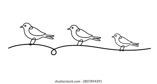Three cute birds sitting on a wire continuous line drawing illustration Vector, illustration
