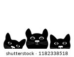 Three cute black cat faces. Silhouette of cats on white background. 