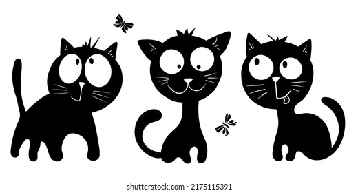 Three cute black cats and butterfly on white background