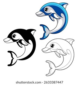 Three cute black and white and color dolphins. Flat design. Isolated on white background. Vector illustration