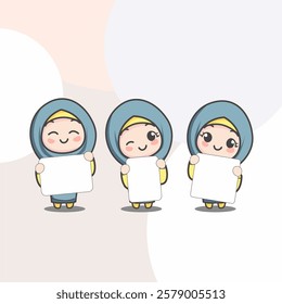 Three Cute Blue Hijab Moslem girl hold blank space sign board banner chibi kawaii character 