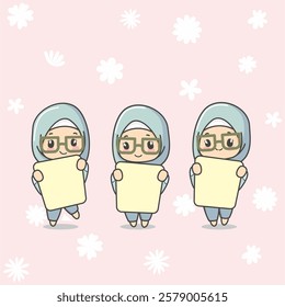 Three Cute Blue Hijab Moslem girl hold blank space sign board banner chibi kawaii character 