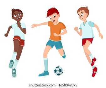 Three cute boys playing soccer with a ball. Vector graphics.