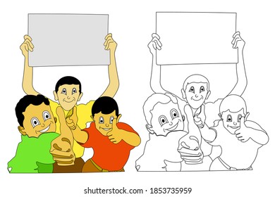 three cute boys showing something. Coloring book. Cartoon Vector Illustration.