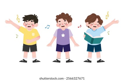 Three Cute Boys Singing a Song Together Children s Choir Musical Performance Illustration