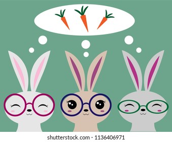 Three cute bunnies rabbits thinking of carrots vector illustration