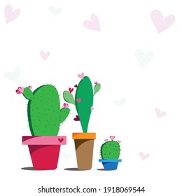 Three cute cactus in colorful pots. Vector illustration.