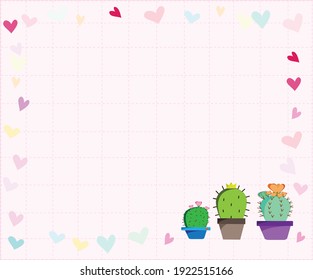 Tres lindos cactus en ollas coloridas y corazones coloridos sobre fondo rosado con espacio de copia. Ilustración vectorial.