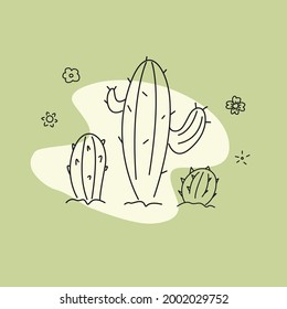 Three cute cactus doodles on green background with small flowers decorated
