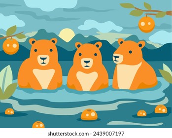 Drei niedliche Capybaras Vektor-Design. Capybaras und Orangen. Capybaras auf Japanisch Onsen heiße Quelle. Kawaii-Zeichnung, lustige Vektor-Illustration. Schöne Landschaft mit Bergen, Wasser und Tieren.