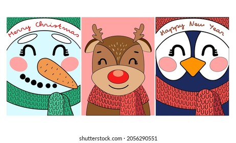 drei süße Karten mit Schneemann, Hirsch und Pinguin