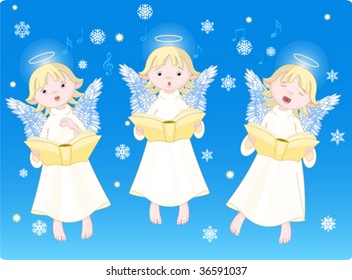 Three cute cartoon angels singing Christmas carols. Background is separate layer