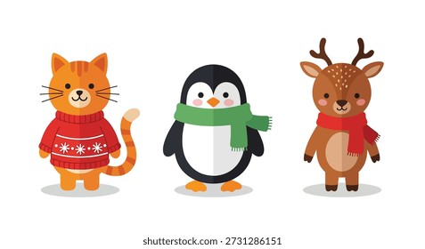 Três bonitos animais de desenho animado, um gato de gengibre em um suéter, um pinguim com um cachecol e uma rena com chifres e um cachecol.