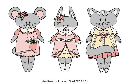Three cute cartoon animals. A mouse, bunny, and cat, wearing pretty dresses with floral details